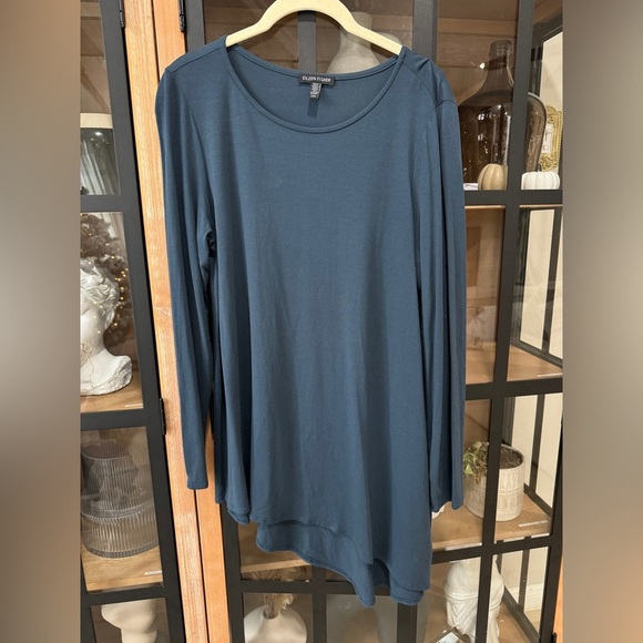 Eileen Fisher top long sleeve tunic asymmetrical hem navy scoop boat neck - Picture 2 of 7